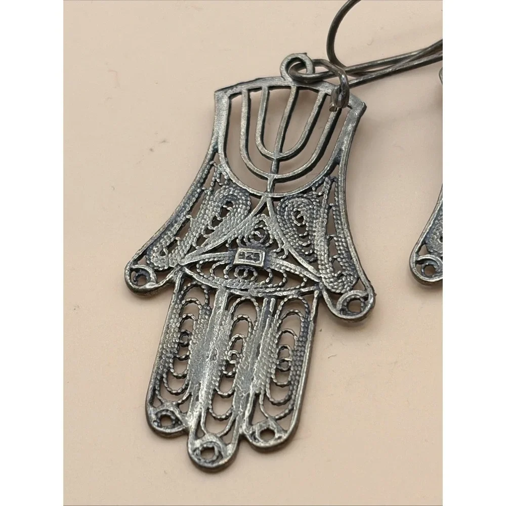 Vtg 925 Sterling Silver Filigree‎ Hamsa Menorah Dangle Earrings Israel Judaica